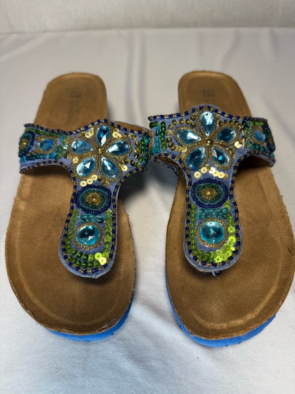 White Mountain Blue and Green Beaded T-Strap Sandals - Women